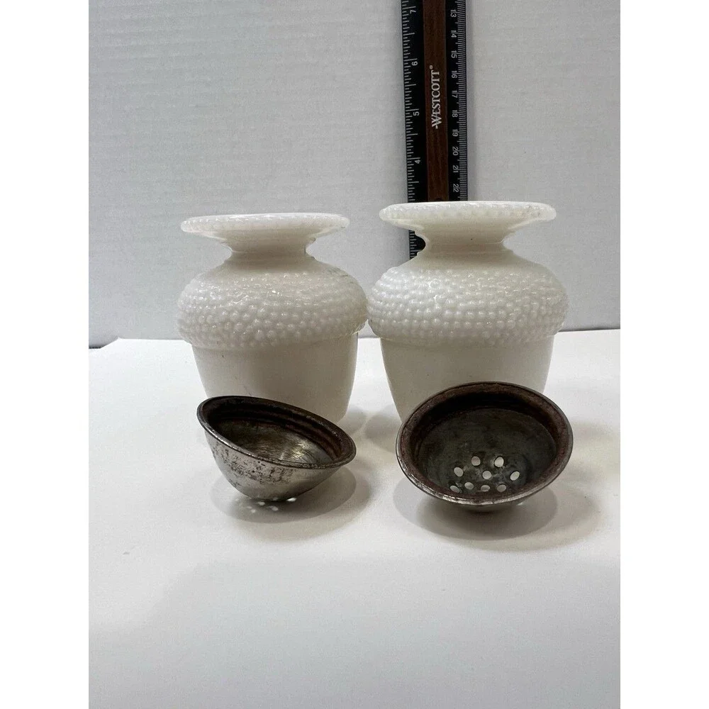 Antique Acorn Opal Glass Salt Pepper Shakers Lids 1880s Rare EAPG Pedestal Foot
